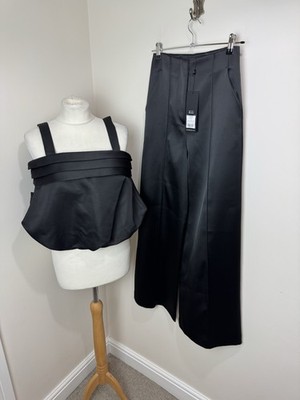 Mint Velvet Black Satin Co Ord Trouser Set Wide Leg UK 6 New With Tags