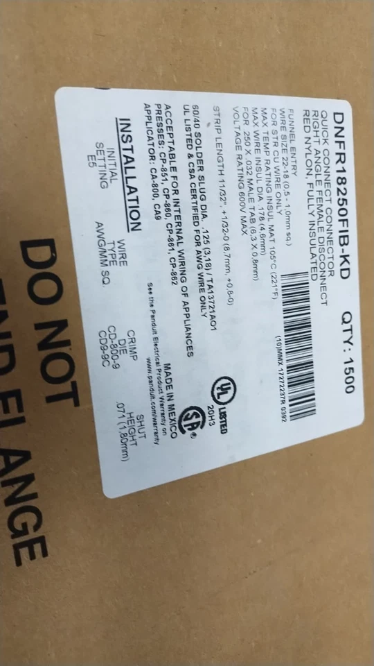1.5K RL DNFR18250FIB-KD Disconnects, Red, Nylon, F. 18-22 AWG, .250 x .032" Tab - Image 2 of 4