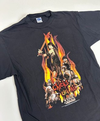 VTG XENA Warrior Princess 90s TV Promo Y2K Chicks Kick Ass Metal Band Tee L NEW