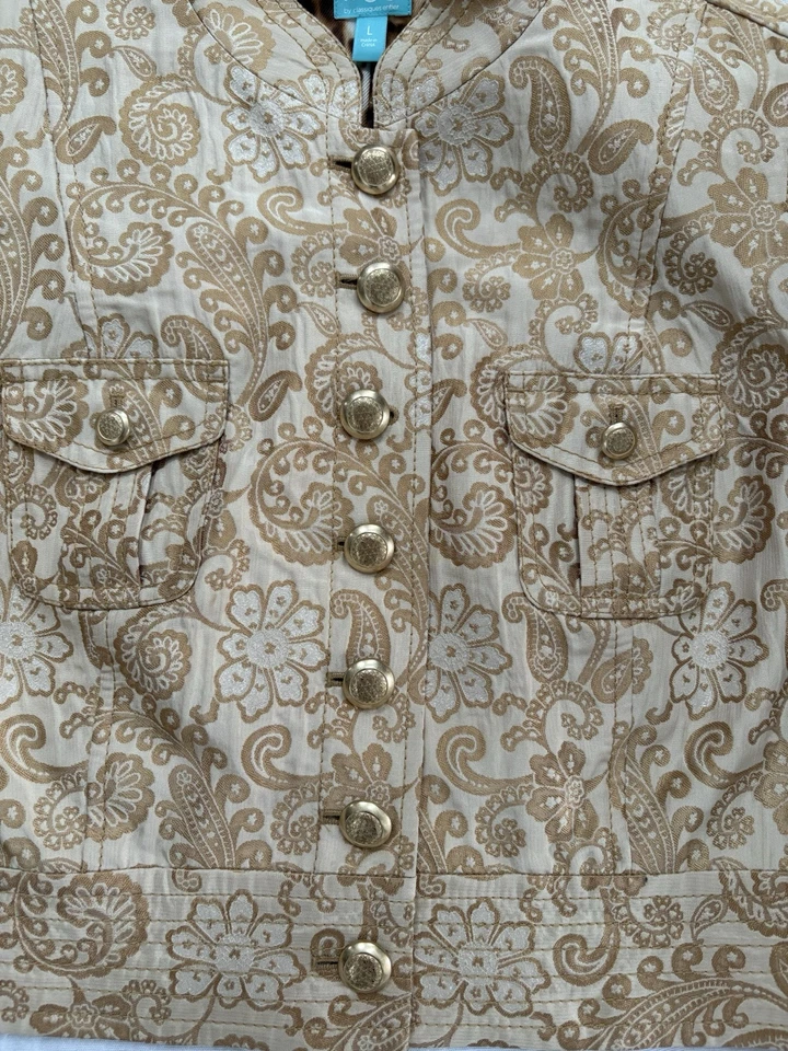 Classiques Entier 夹克女式 L 金色金属锦缎 Bolero Crop 金色纽扣 — 第 3/4 张图片