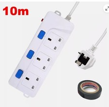 10M 3Gang Way UK Mains Plug Power Extension Lead Cable Electric Socket UK