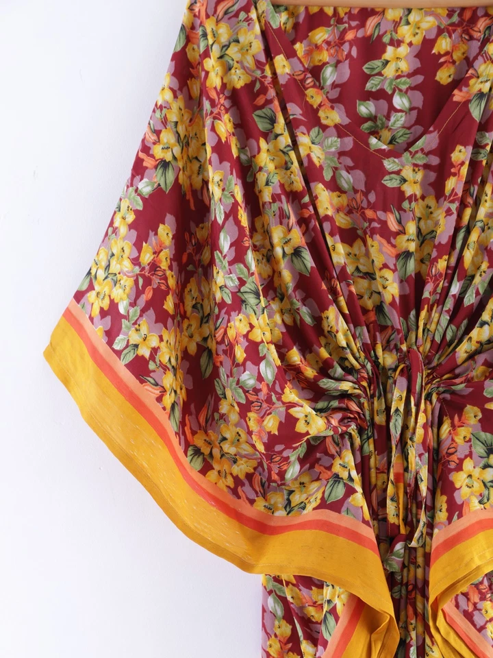 Vintage Seda Sari Kaftán Kimono Mujer Vacaciones Caftán Vestido Largo Amarillo - Imagen 3 de 4