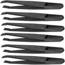 6-Pack Black Anti-Static Tweezers 4.7" Slant Flat Tip Precision