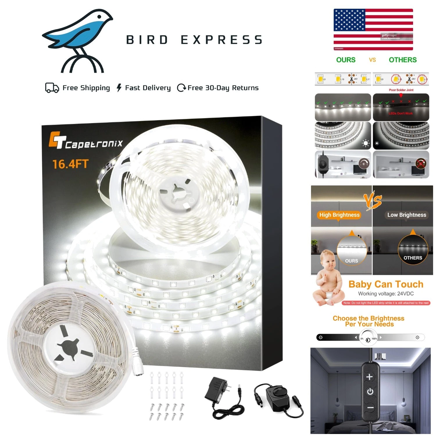 16.4ft White LED Strip Light Daylight Dimmable Indoor Kitchen Bedroom Decor