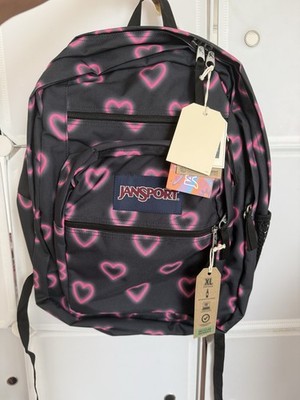 JanSport Big Student XL Backpack Happy Hearts Black Pink Laptop Sleeve Bottle