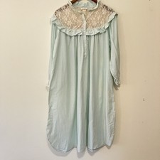 VTG Barbizon Sz. M Cotton Long Green Nightgown Sheer Lace Ruffle Collar Modest