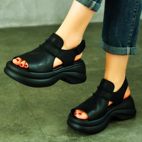 Sandalias Gladiators para mujer de cuero genuino plataforma plana punta abierta tacón medio cómodas - Imagen 8 de 11