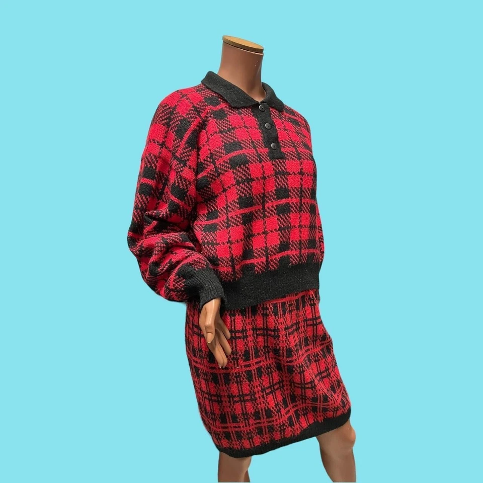 Vtg 80's Pullover Rock Set M 12-14 Co-Ord Outfit Süß Rot Schwarz Kariert Retro - Bild 4 von 4