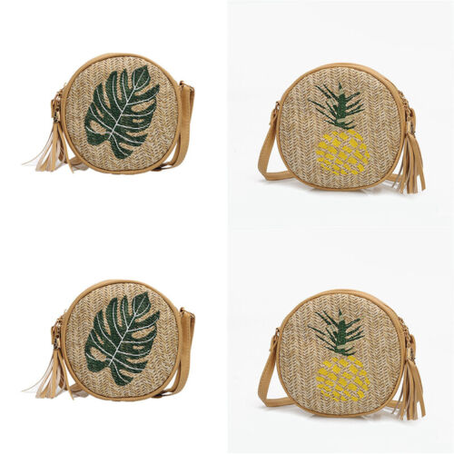 Embroidered round bag round bag round shoulder slant span straw bag woven - Afbeelding 1 van 9