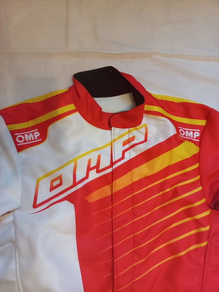 TUTA KART LUCIDA TOP TG 50 BIANCO GIALLO ROSSO OMP RACING KS-1R SENZA OMOLOGA - Immagine 3 di 4