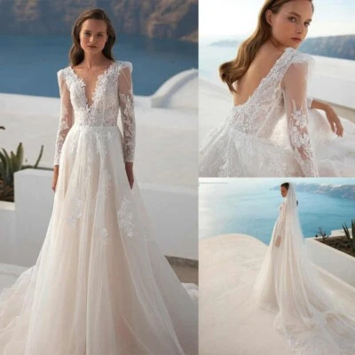 Beach Brautkleid Hochzeitskleid A-Linie Spitze Aufkleber Weiß Ivory 38 40 42 44 - Bild 1 von 4