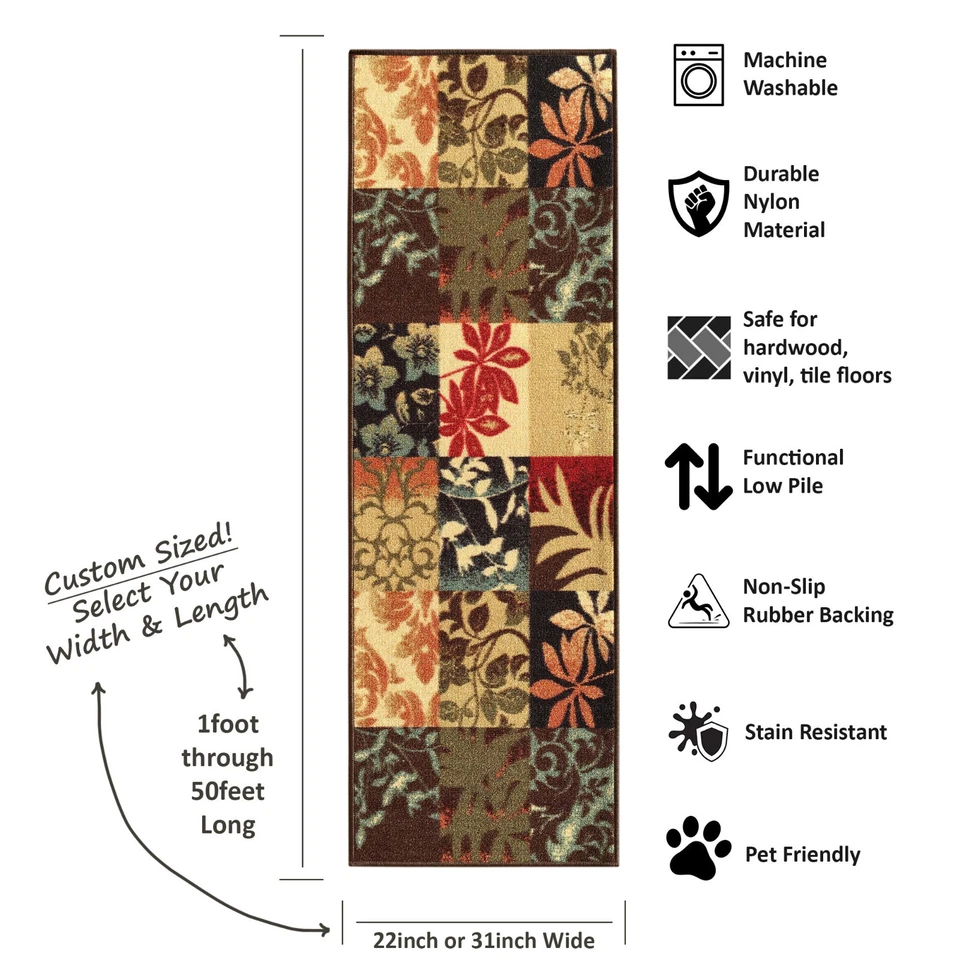 Alfombra de corredor de pasillo de escalera tamaño personalizado con respaldo de goma antideslizante marrón cajas florales Foto 3 de 4