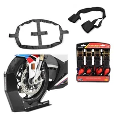 Motorcycle Front Wheel Chock Set + ratchet straps + tie down straps bk-rd