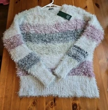 Women Multi Stripe Fuzzy Tinsel Crew Neck Long Sleeve Sweater XS NEW $28