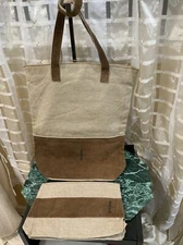 Mark & Graham Shopping Tote Shoulder Bag Cotton with SUEDE Trim + COSMETIC BAG