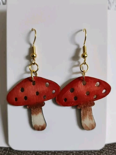 Handpainted Wooden Toadstool Mushroom Earrings 