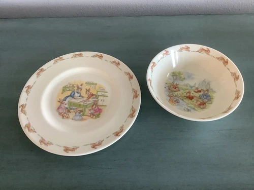 Royal Doulton Set Bone China Bunnykins Plate And Bowl Picnic and Baking
