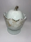 Vintage Milk Glass Apple Covered Dish Ruffled Basket Pedestal Candy Bowl