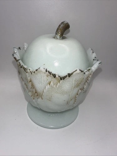 Vintage Milk Glass Apple Covered Dish Ruffled Basket Pedestal Candy Bowl
