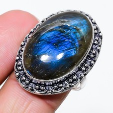 Natural Labradorite Gemstone 925 Sterling Silver Jewelry Ring Size 9 US 
