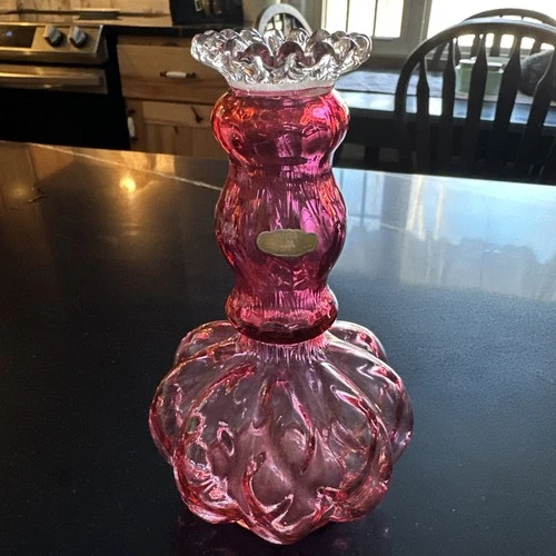 Vintage Fenton Cranberry Glass Vase | Clear Ruffled Top |  Bottle