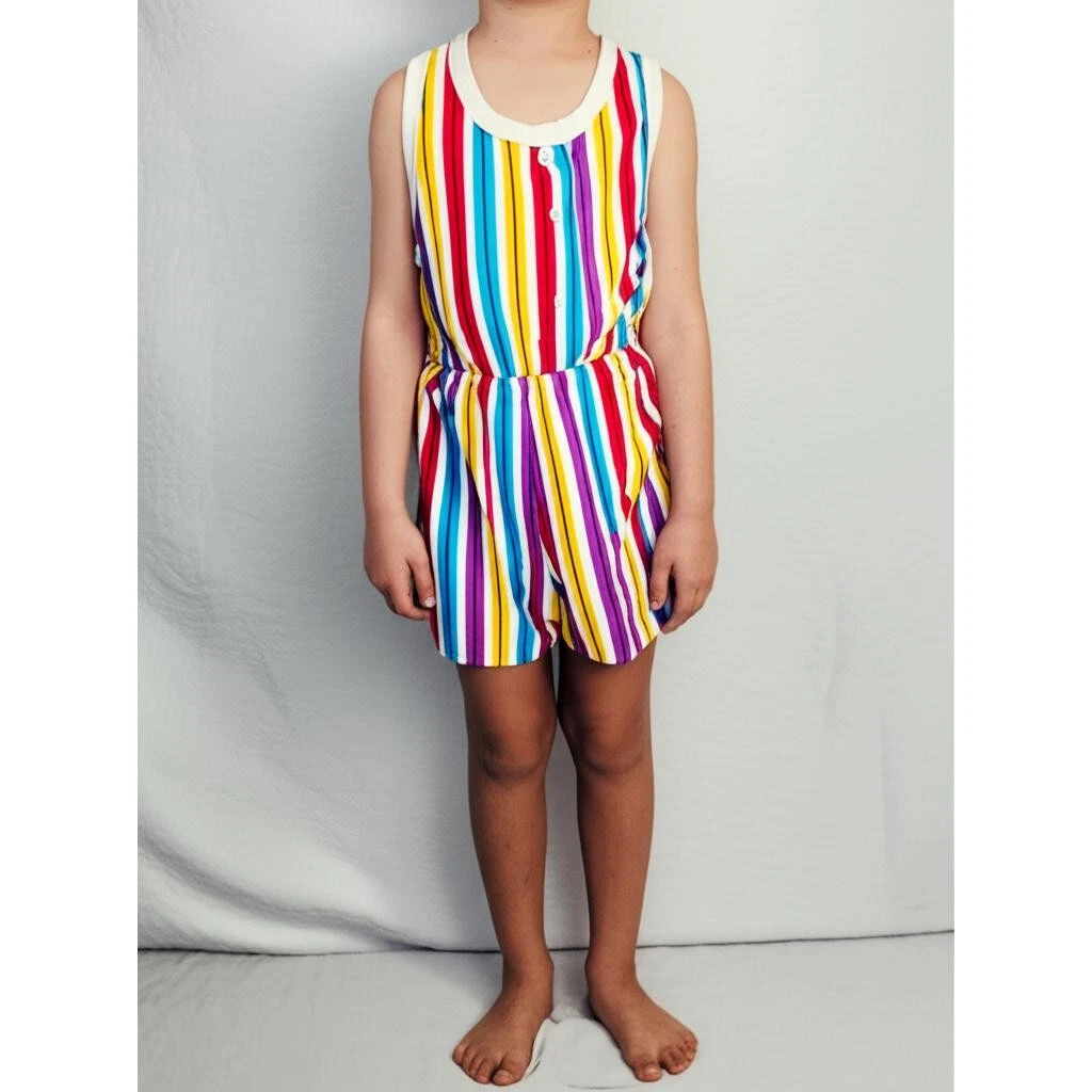 IZOD Kids S 4-5 Rainbow Stripe Romper Elastic Waist Playful Summer Vgt 90s