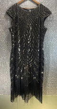 Fundaisy Sequin Fringe Flapper Dress Cocktail Party Plus 4XL Black, Gold Sequin