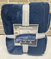 Brookstone NAP Plush Sherpa Navy Blue Super Soft QUEEN Size Blanket 90 x 90 NEW