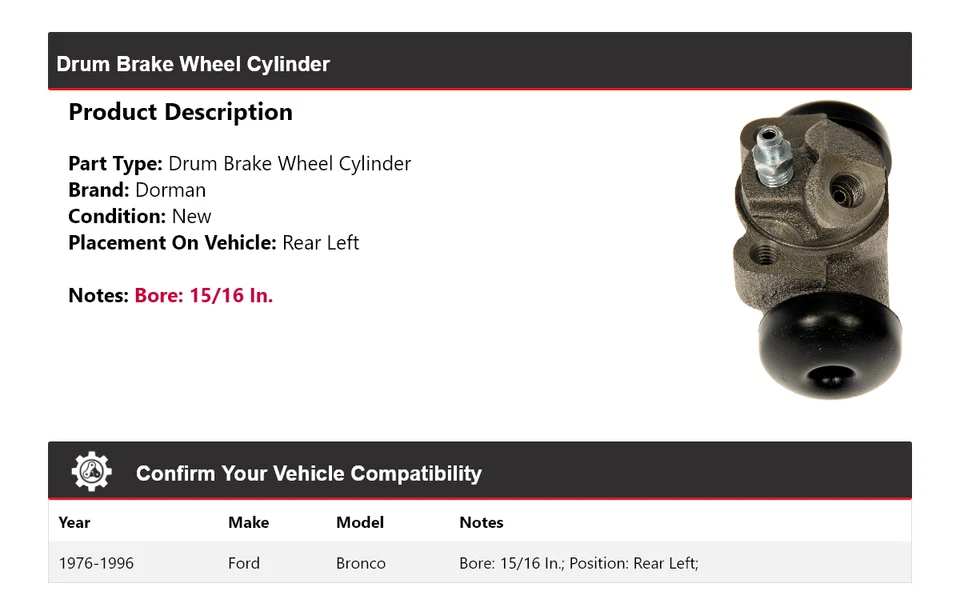 For 1976-1996 Ford Bronco Dorman Drum Brake Wheel Cylinder Rear Left 1977 1978 - Image 2 of 4