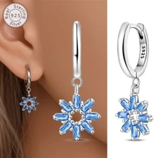 KUNSIR Women Blue Zircon Dangle Earrings 925 Sterling Silver Hoop Huggie Earring
