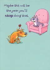 Dog Dragging Butt on Ground Cat in Pink Chair Funny / Humorous Birthday Card