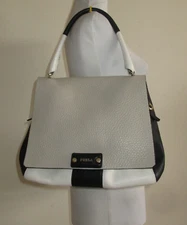 Furla Beige White Black Pebbled Leather Flap Top Handle Penelope Shoulder Bag