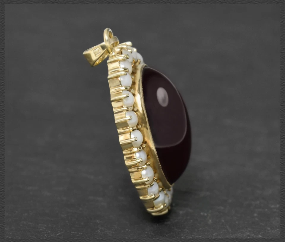 Vintage 21ct Granat & weiße Perlen Anhänger aus 333 Gold, Damen Gleiter um 1970 - Bild 3 von 4