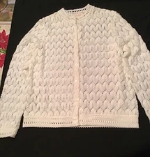 Vintage CAROL BRENT Cardigan Sweater White Scalloped Knit Montgomery Ward S/M