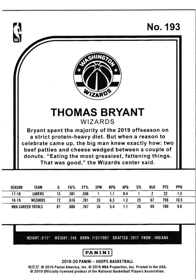 2019-20 NBA HOOPS PURPLE PARALLELS THOMAS BRYANT WASHINGTON WIZARDS - E776 - Image 2 of 2