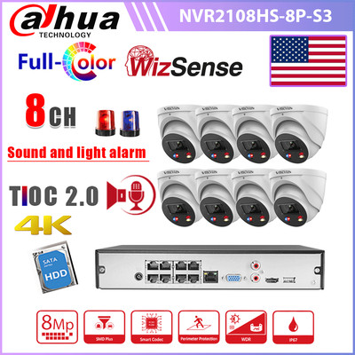 Dahua 8CH 4K PoE NVR CCTV 8MP Full Color IP Camera Wizsense Audio System US Lot