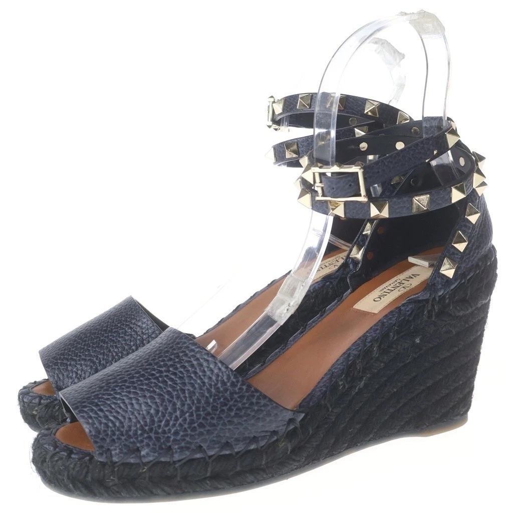 Valentino — Valentino Rockstud Espadrille Wedge Leather Strap Sandals Shoes Navy EU:36 US:6