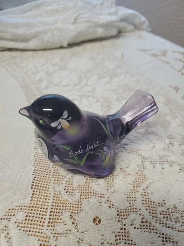 Fenton Purple Glass Bird Hand Painted God's Light is Everywhere 5163 6T
