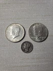 1964 Kennedy Half Dollars, 90% Silver, 2-Coins + Mercury Dime