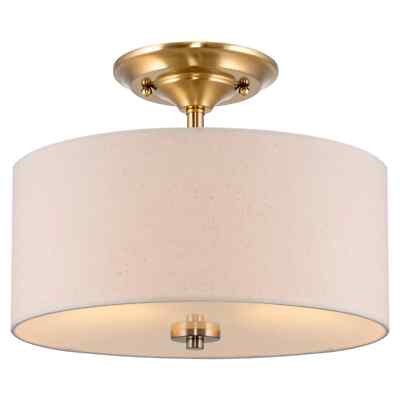 13'' 2-Light Semi-Flush Mount Ceiling Light Linen Drum Shade Modern Elegant Home