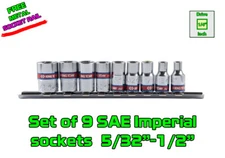 Set of 9 pcs 1/4” Drive 6 Point SAE Imperial Inch Standard Socket 6pt KING TONY
