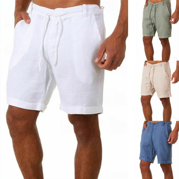Mens Shorts Plain Drawstring Linen Loose Beach Pants Summer Hot Pants Trousers