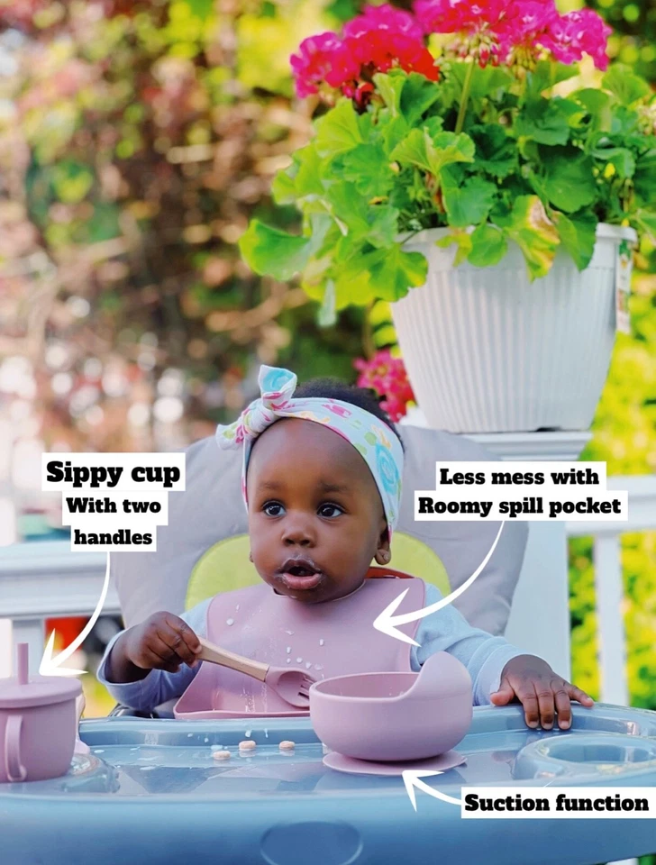 Juego de alimentación de silicona para bebé niño pequeño 6 piezas babero, cuenco, plato, taza para sorbo cuchara y tenedor Foto 2 de 4