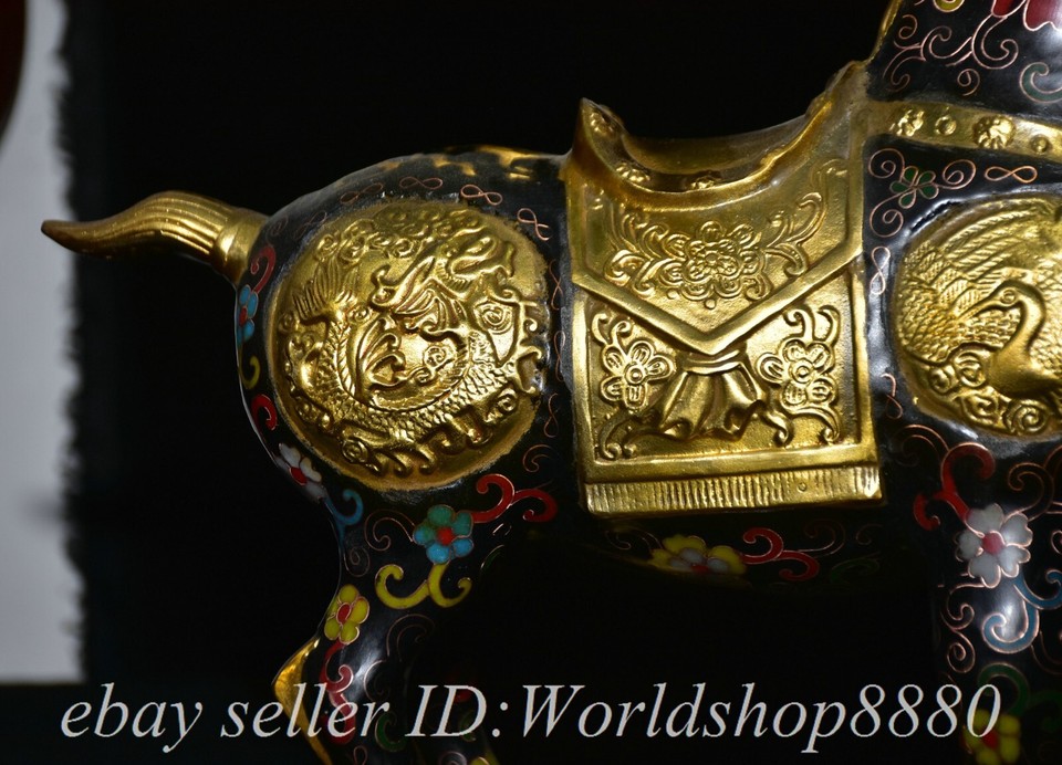 12.8" Old Chinese Bronze Gilt Cloisonne Fengshui Zodiac Black Horse