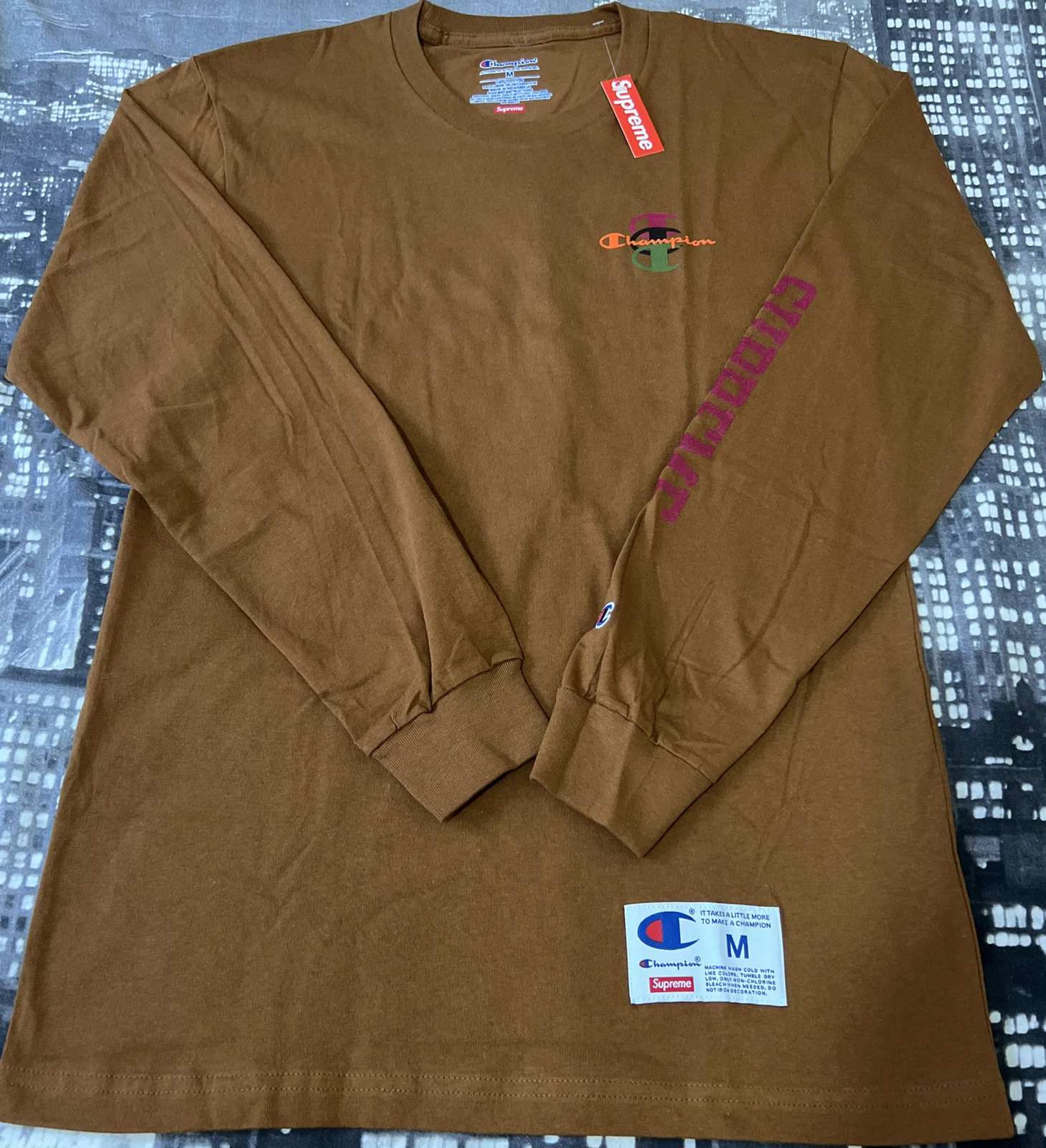 Supreme X Champion empilé C !!T shirt L/S !!! Marron ! Moyen !!!!FW17 !!Super Rare !!!!