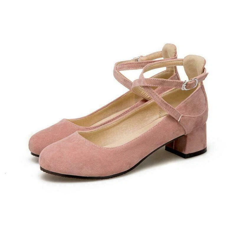 Chic Womens Cross Ankle Strap Low Block Heels Pumps Round Toe Dress party Shoes