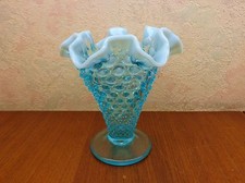Vintage Fenton Art Glass Blue Opalescent Hobnail Crimped Footed 6 1/4" Vase MINT