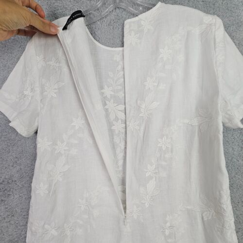 Zara Womens Shift Dress Small White Linen Embroidered Crew Neck Short Sleeve Zip - Picture 17 of 19