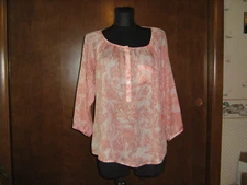 LOFT Peach Floral Print BLOUSE  S scoop neck front button plack long sleeves