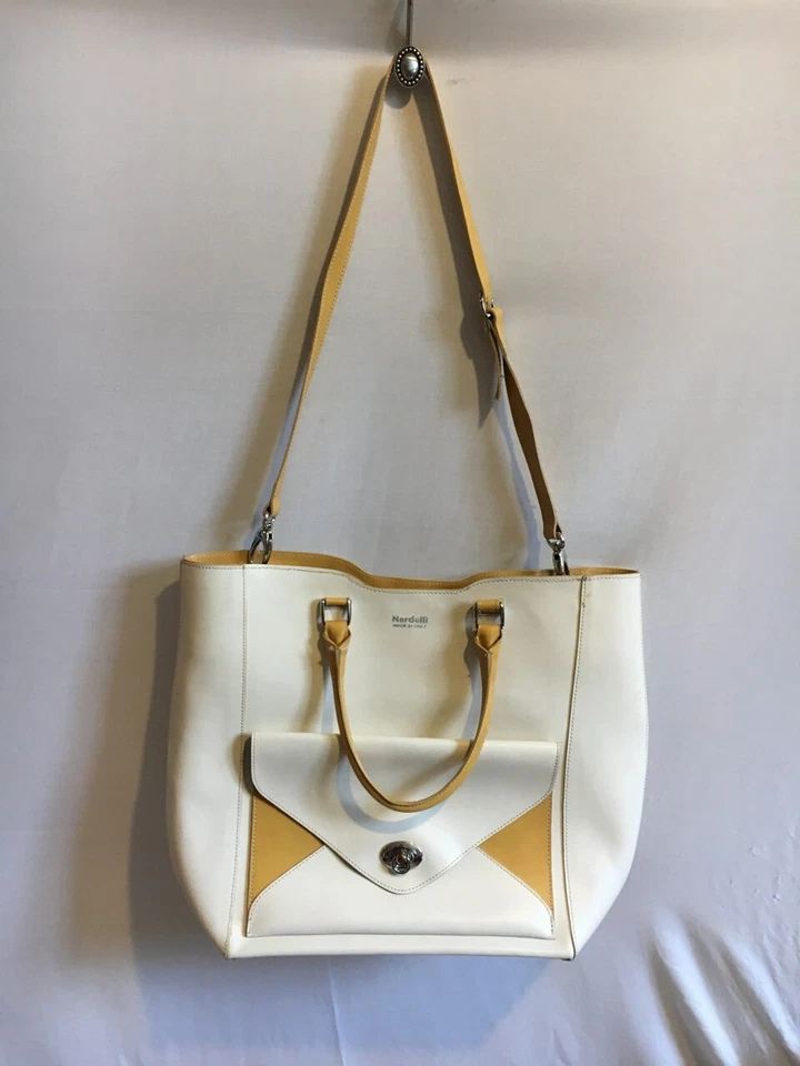 Mujer Nardelli Bolso de Mano de Cuero Crema Dorado Amarillo Correa para el Hombro Cierre Magnético Foto 4 de 4